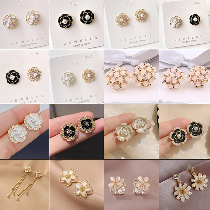 

Korean Fashion Pearl Camellia Earrings For Women Girls Crystal Pendant Jewelry Lady Trendy Vintage Elegant Accessories