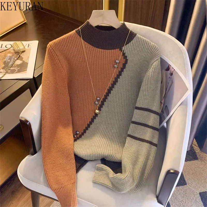 

Rivet Splicing Knitted Sweater Women Clothing Autumn Winter Vintage Elegant Contrast Half High Collar Pullovers Sweaters Jumpers