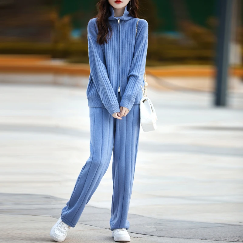 Женский Повседневный шерстяной вязаный комплект Кардиган с длинным рукавом
