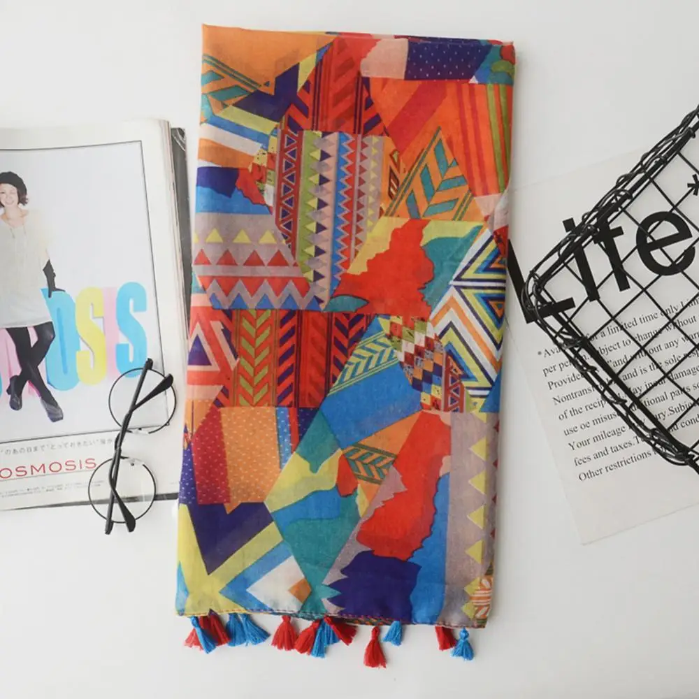 

Fashion Women Color Blocking Geometry Pattern Scarf Tassel Travel Shawl Cover Up