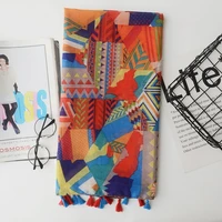 fashion women color blocking geometry pattern scarf tassel travel shawl cover up