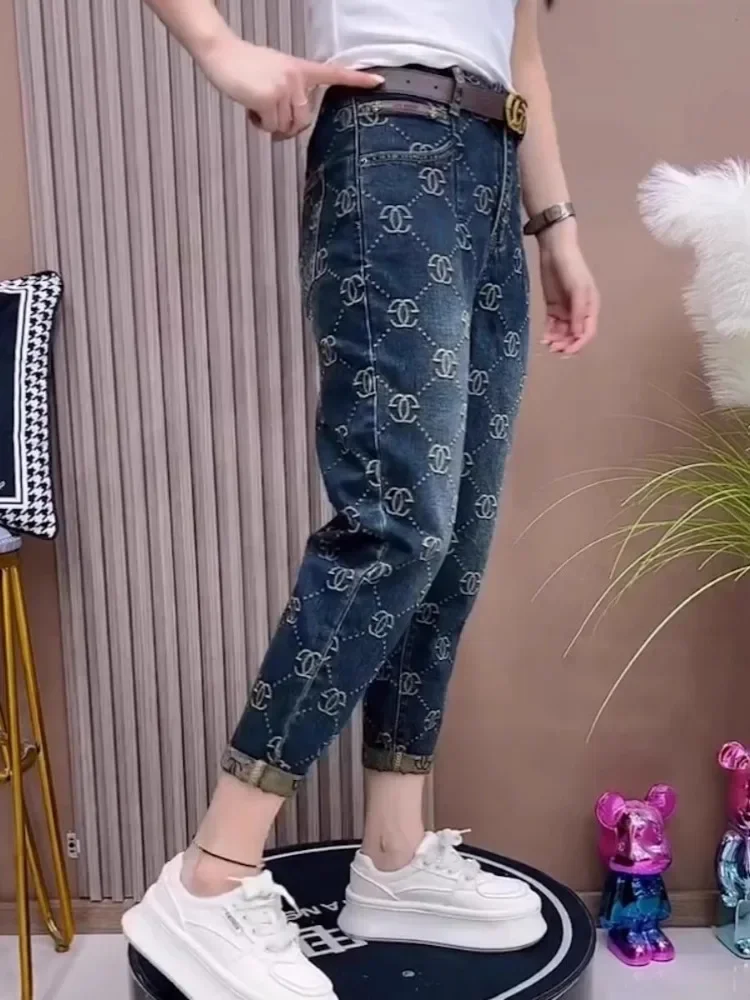 Жаккардовые джинсовые брюки-султанки новинка осень/зима эластичные свободные