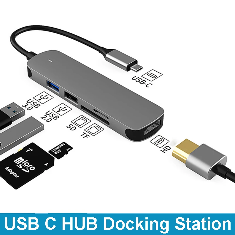 

Концентратор Type-C для HDMI, совместимый с Thunderbolt 3, USB C концентратор с концентратором 3,0, TF, sd-кардридер, концентратор PD для MacBook Pro, Samsung S8, S9, S10