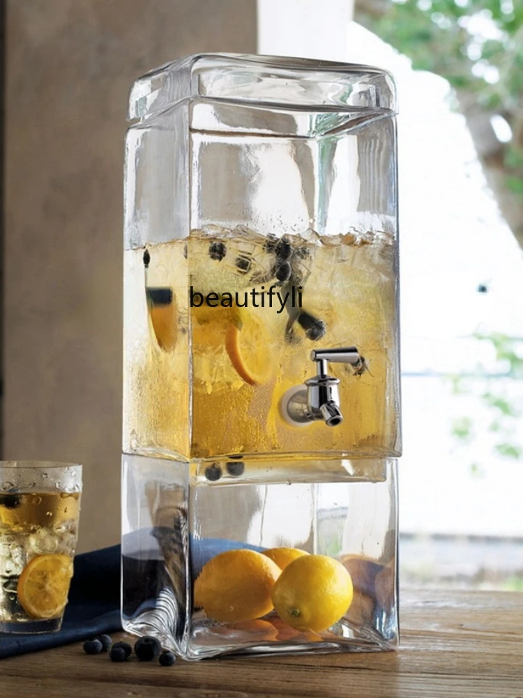 

Сверхтолстая квадратная стеклянная банка GY 8L для сока без свинца с краном, бочка для напитков, Выключатель воды с основанием, не термостойка...