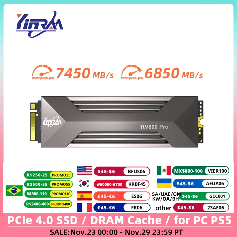 

YINRAM 7450MB/s SSD 1TB 2TB M2 NVMe Hard Disk PCIe4.0 DRAM Cache SSD Drive M.2 2280 4TB Internal Solid State for PS5 Laptop PC
