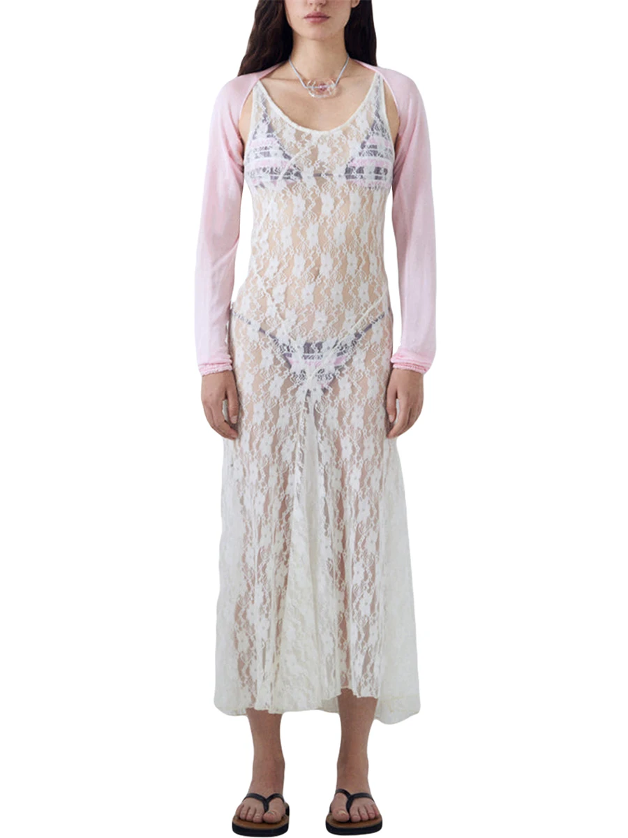 

Boho Chic Floral Lace with Sheer Mesh Cover Up and Low Cut See Through Sleeveless Design - Perfect for Summer Beach