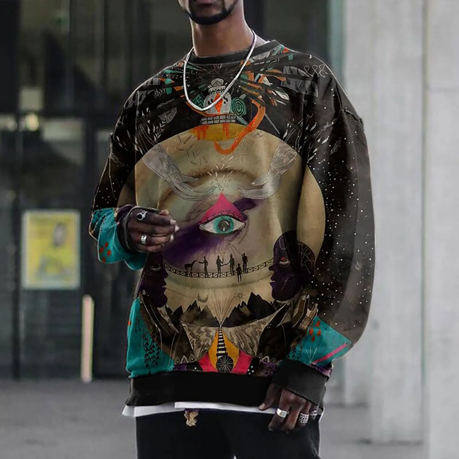 

Sleeve Long Men's Sweater Tops Folk-custom Vintage Blouse Printed Casual Mens Sweatsuits with Pockets Sets Mens Thermal Bottoms