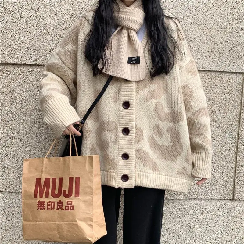 

Women Cardigans Sweater Leopard Fashion Loose Chic V-neck Sweet Sweaters Females Knitwear Korean Harajuku All-match Streetwear