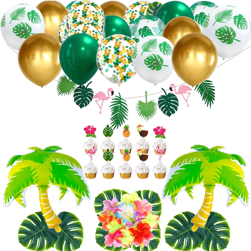 

Hawaii Party Theme Decoration Tropical Leaves Balloons Banner Flamingo Artificial Flowers Tropical Hawaiian Party Supplies
