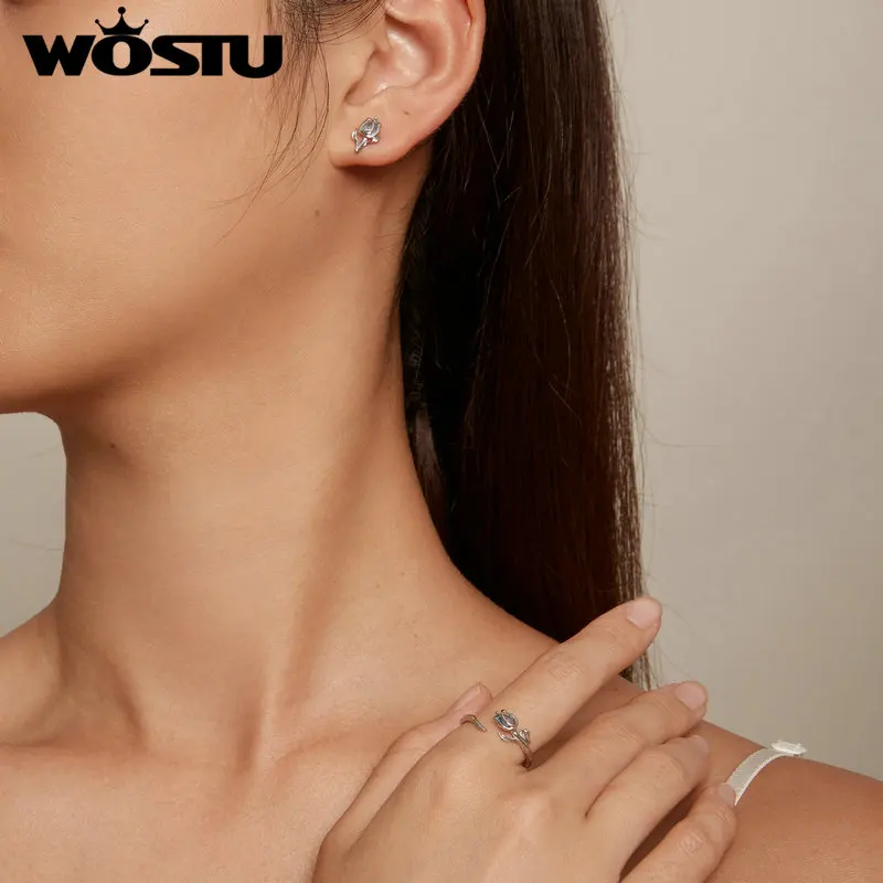 Фото WOSTU Лидер продаж, серьги-тюльпаны из стерлингового серебра 925 пробы, набор колец, шпинельные серьги-гвоздики для женщин, ювелирные изделия, вечерние, свидание, ежедневный подарок №4