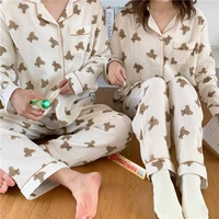 qweek cotton womens pajamas kawaii sleepwear bear print couple nightwear cute cartoon print pijama 2 piece set pyjamas for man