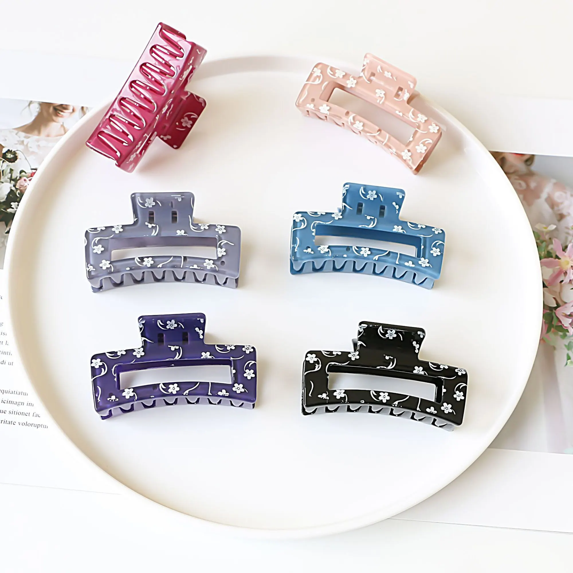 2 шт./лот 8 см x 5 см, простая Большая квадратная заколка с принтом и вырезами, зажим для конского хвоста для девочек, заколка для волос для ванной, аксессуары для волос «сделай сам»