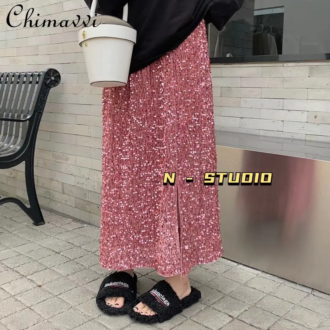 

Women's Korean-Style Fashionable with Side-Slit All-Match Skirts High Waist Slimming Commuting Elegant Feminine Sequins Skirts