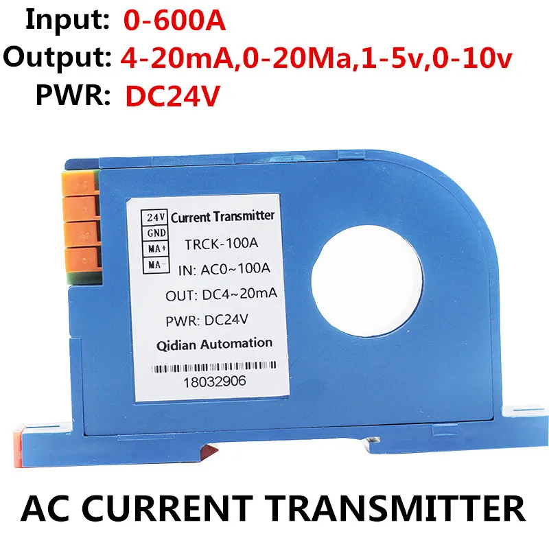 

22mm Hole AC Electric Current Sensor Transmitter 10A 20A 50A 600A Input 0-10V 4-20mA Output Transducer Converter DC24V Power