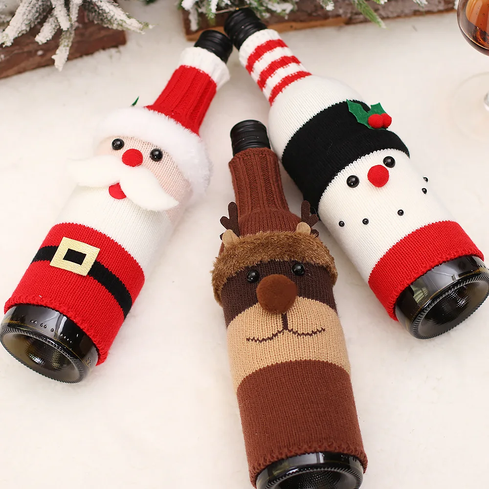 

Christmas Bottle Cover Cartoon Old Man Snowman Elk Knitted Wine Sleeve Cute Decoration Holiday Restaurant Arrangement Decoration