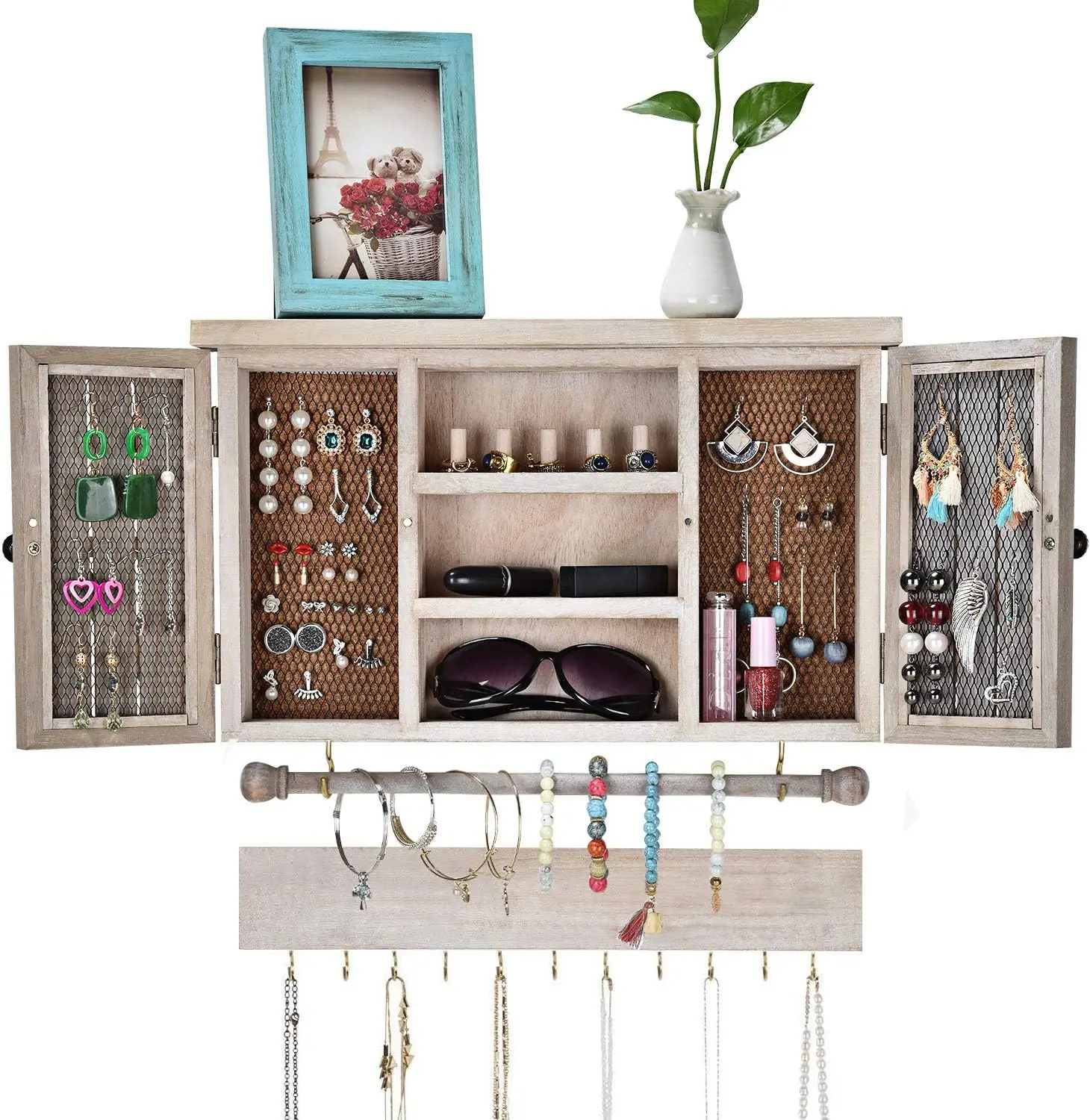 

Rustic Hanging Jewelry Organizer,Wall Mounted Mesh Jewelry Holder,for Necklaces,Earings, Bracelets,Ring Holder,with Removable Br