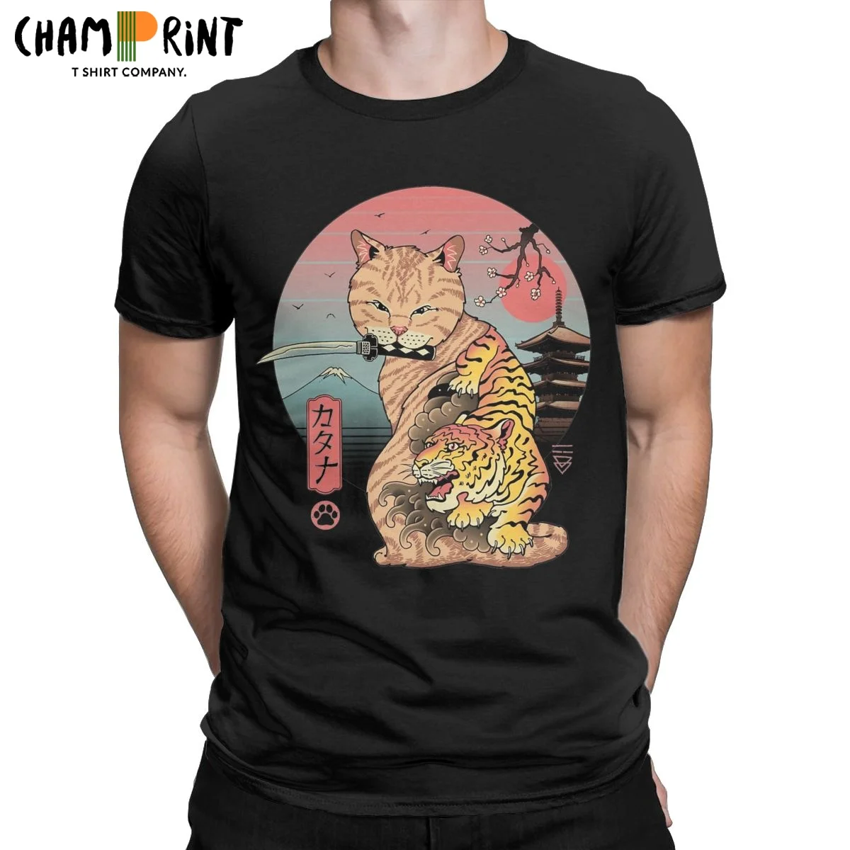 

Хипстерская футболка Catana в Эдо для мужчин, футболки из чистого хлопка с круглым вырезом, японская футболка с коротким рукавом в стиле укиё-э-Cat, женские топы