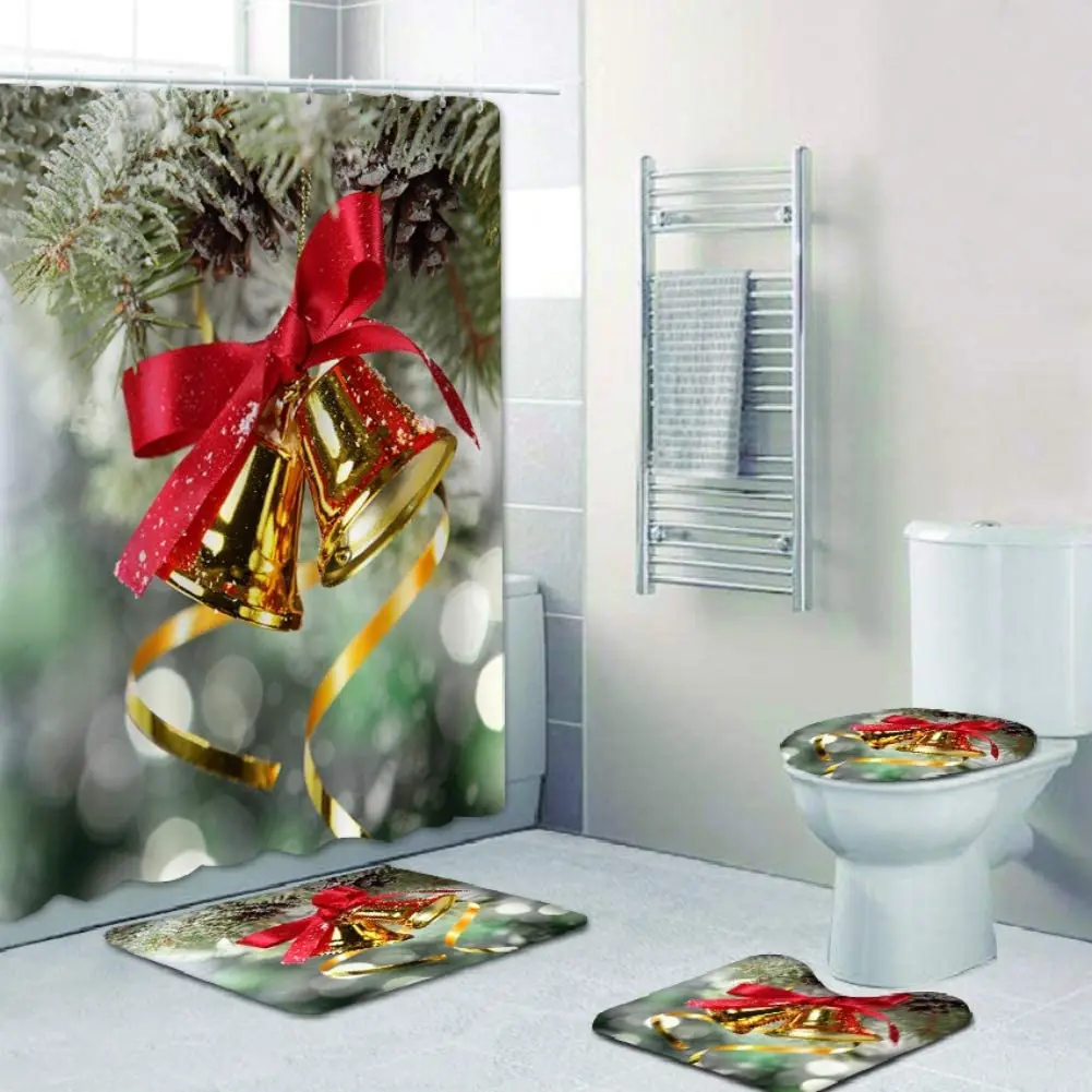 

Christmas Bell Print Shower Curtain Set Carpet Cover Toilet Cover Bathroom Mat Cushion Cover Bathroom Curtain Household