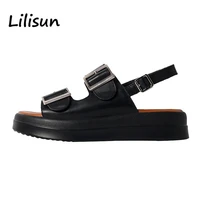 genuine black leather women sandals summer shoes woman double buckle strap thick sole female feetwear sandalias zapatos mujer