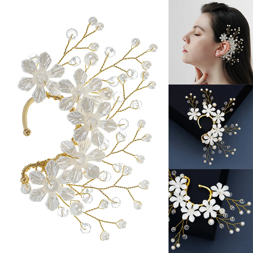 

Women Ear Cuff Earrings Handmade Flower Ear Clip Rhinestones Pearls Accessories for Thanksgiving Day Christmas Gift