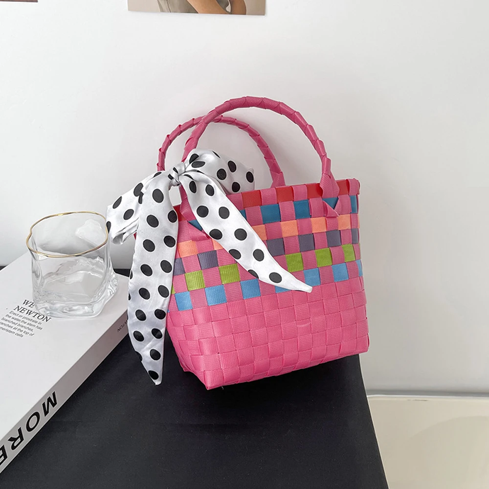 

Sweetown Women Straw Tote Bag Picnic Bag Woven Handbag Panelled Summer Bag Handmade Tote Bag Ladies Ribbon Beach Basket Bag