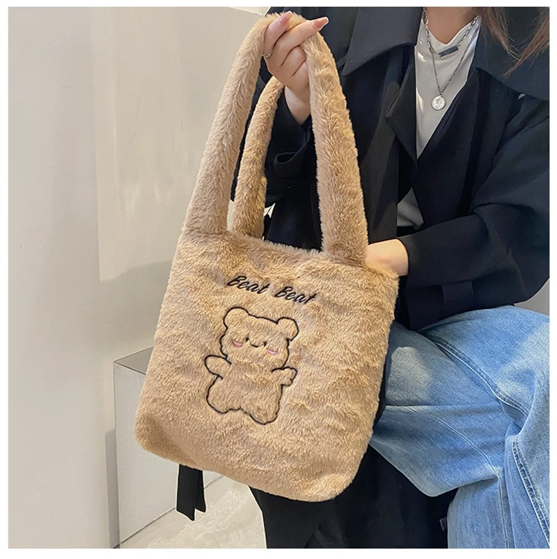 Women winter Plush Tote Bag Fashion Cute Girls Shopping Shoulder Bags Student Leisure Travel Soft Handbags