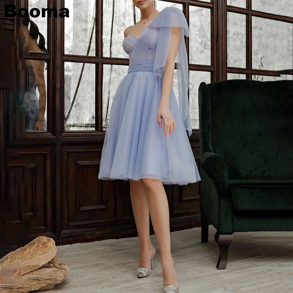 

Детские синие короткие трапециевидные платья Booma для выпускного вечера, тюлевые Вечерние платья на одно плечо, платья для торжественных случаев, праздничные платья