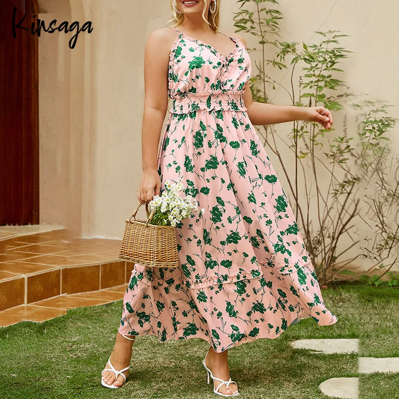 

Plus Size Backless Ruffle Trim Spaghetti Strap Floral Print Dress 4XL Summer Elegant Women V Neck High Waist Boho Beach Dresses