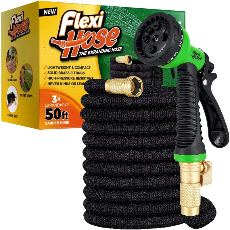 Hose with 8 Function Nozzle, Lightweight Expandable Garden Hose, No-Kink Flexibility, 3/4 Inch Solid Brass Fittings