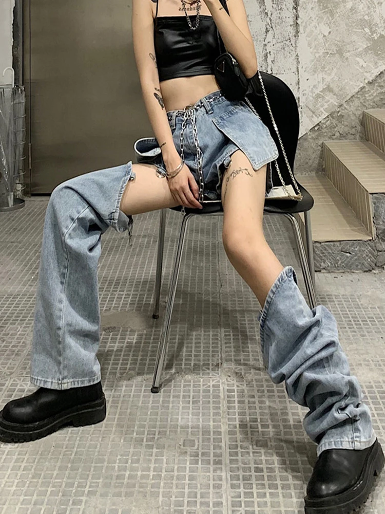 

Популярные джинсы с высокой талией и отверстиями. Женские прямые съемные брюки Hyun-a Kim в стиле High Street