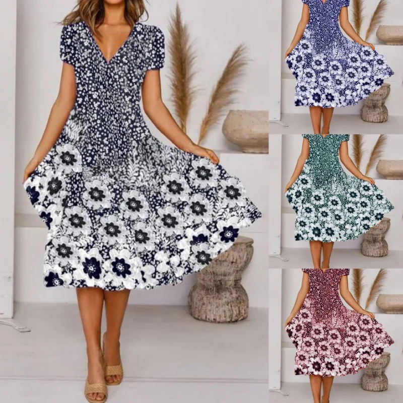 

2022 Spring And Summer New Women'S Clothing European And American Fashion Mid-Waist Digital Printing V-Neck Short-Sleeved Dress