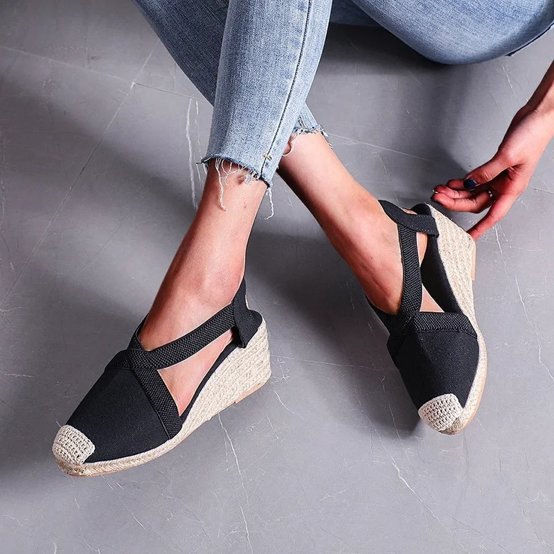 

Summer New Fashion Women Straw Hemp Rope Sandals Retro Linen Canvas Wedge Heel Round Toe Casual Shoes Open Toe Sandals Women