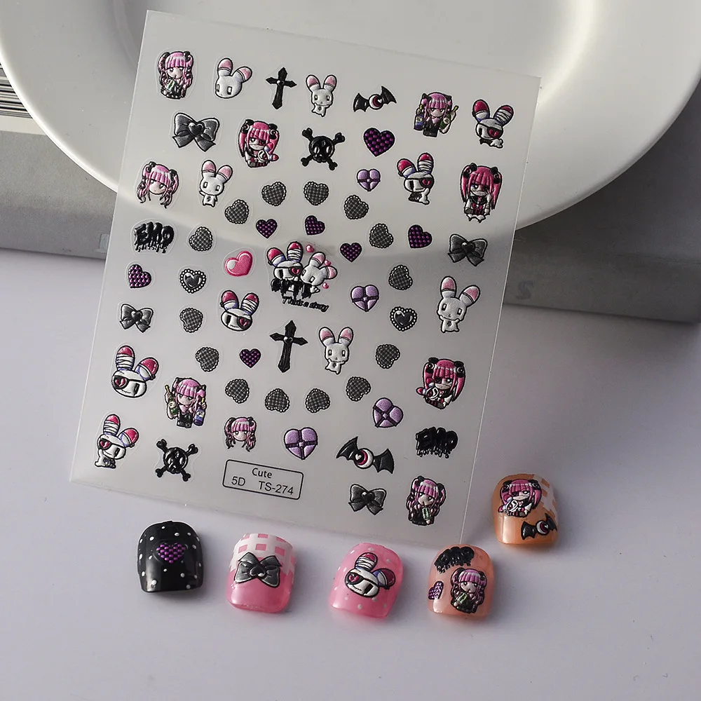 

3D Embossed Stickers for Nails Japanese Korean Dark Style Bandage Rabbit Nail Art Decorations Self-Adhesive Manicure DIY Pastes