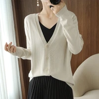 2022 spring and autumn new knitted cardigan coat womens v neck long sleeved korean version all match slim thin wool top