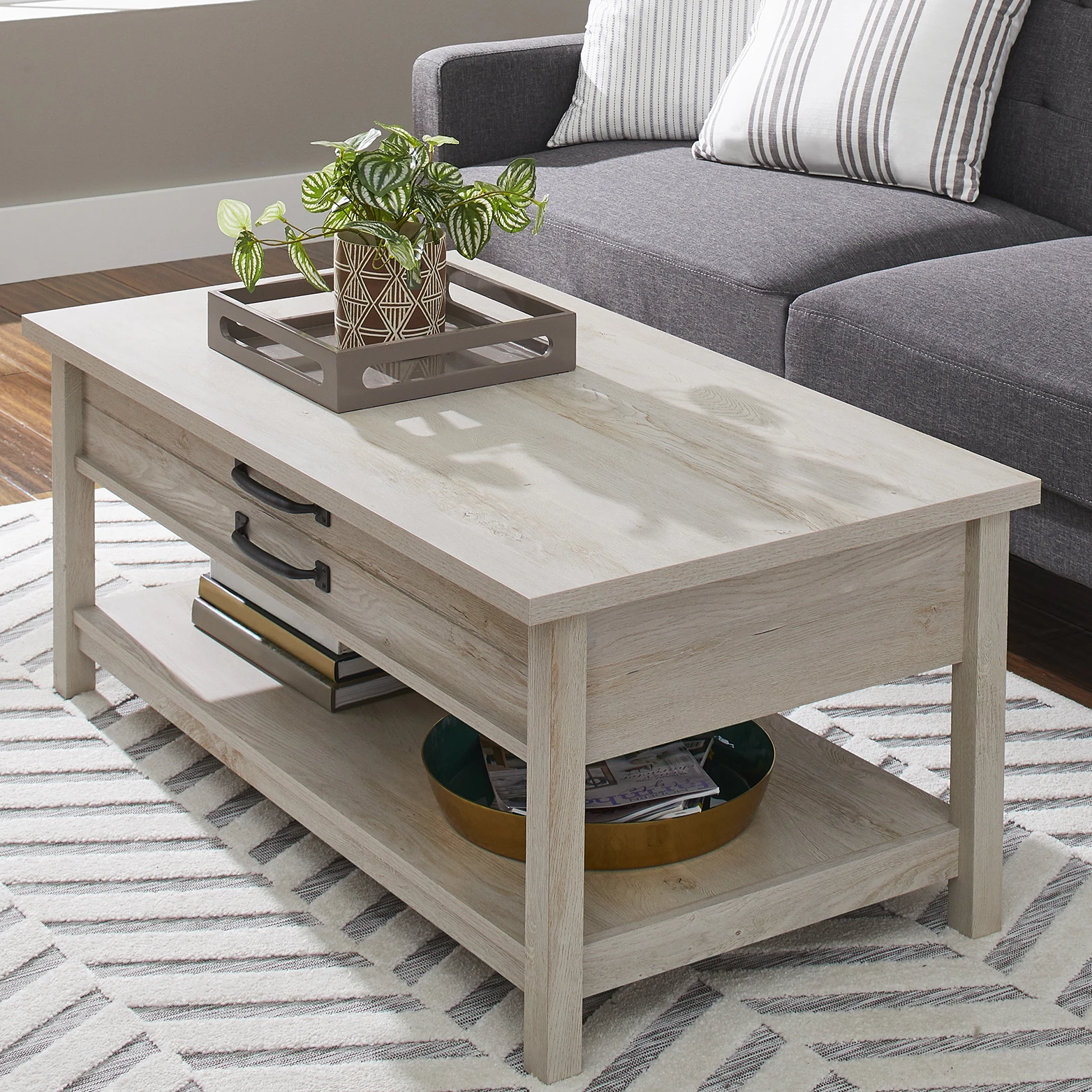 

Rectangle Wood Lift-Top Coffee Table, Open Shelf Additional Storage (US Stock)