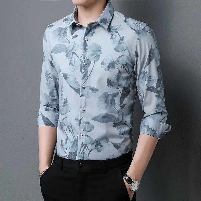 Mattswag Mens Flower Printed Long Sleeve T Shirts Vintage Classic Breathable Men's Clothing Casual Slim Fit Shirts Camisa Hombre