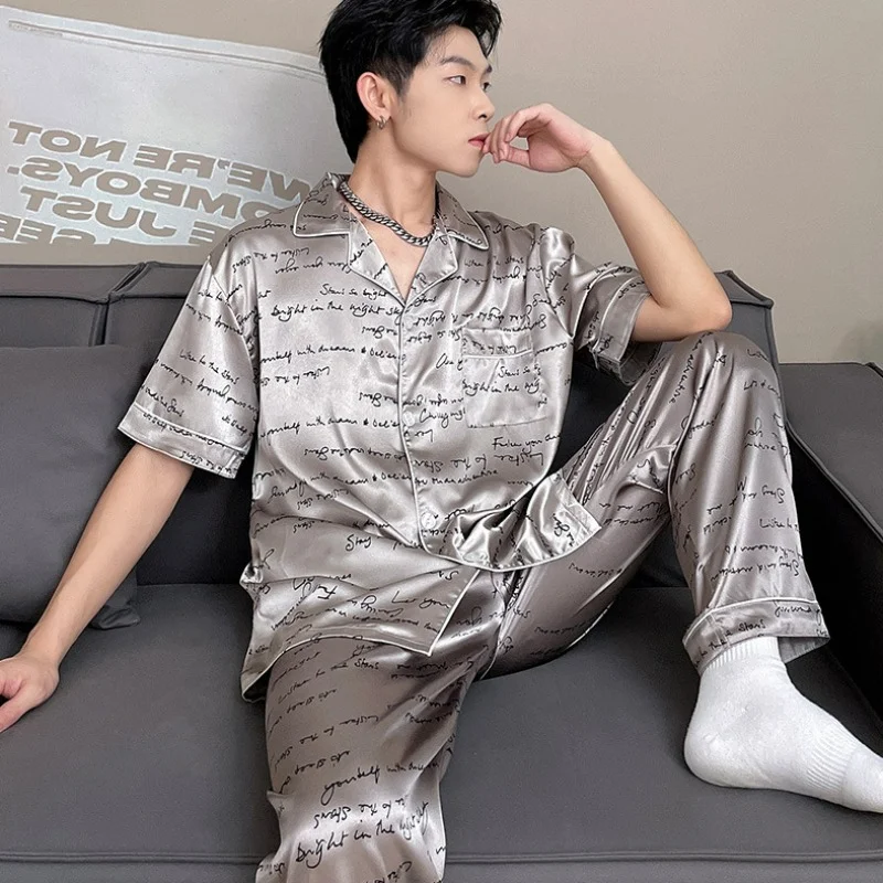 Summer new men's short sleeve long pants pajama set cardigan lapel imitation silk comfortable loose loungewear