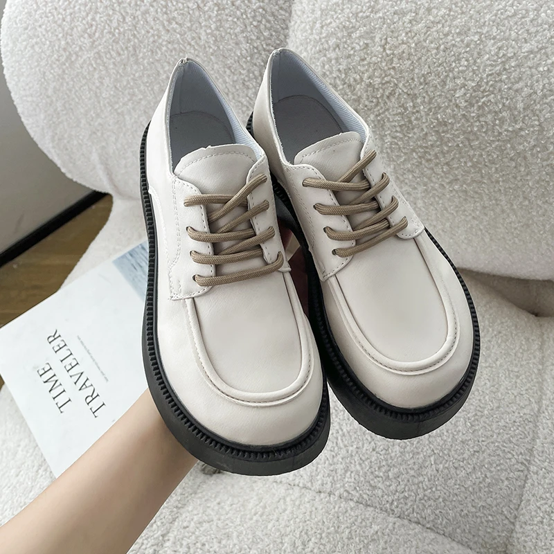 2023 Spring Autumn Women Oxford Shoes Flat on Platform Casual Shoes Black Lace Up Leather Shoes Sewing Round Toe Zapatos Mujer