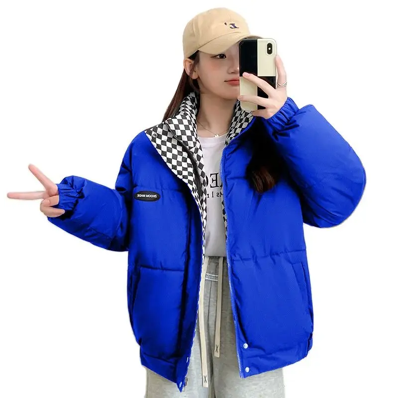 

Women's Winter Loose Down Padded Jackets Plaid Splice Stand Collar Thick Cotton Parka Fashion Bread Clothes Female Coats Trend