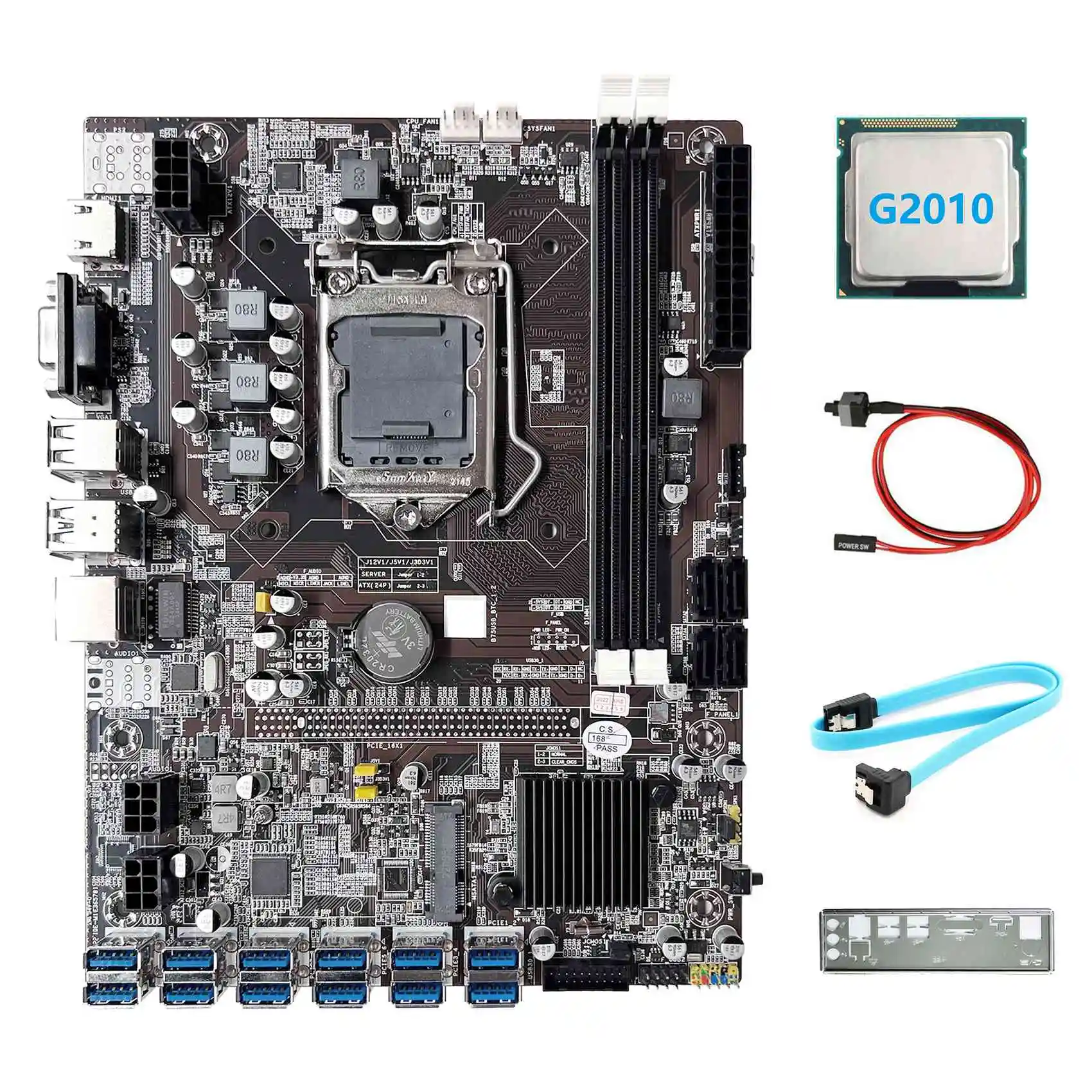 

B75 12USB BTC Mining Motherboard+G2010 CPU+SATA Cable+Switch Cable+Baffle 12XUSB3.0 B75 ETH Miner Motherboard