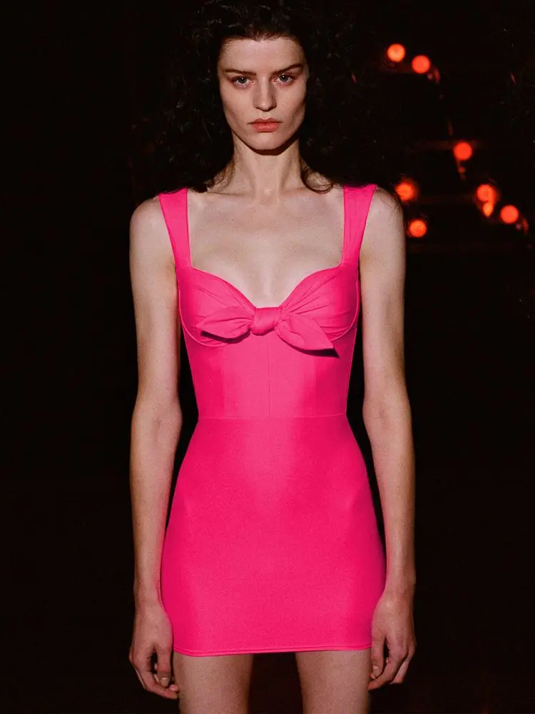 

2022 Summer New Women'S Sexy Sleeveless V Neck Bow Mini Bandage Dress Bodycon Celebrity Club Party Runway Dress Vestidos