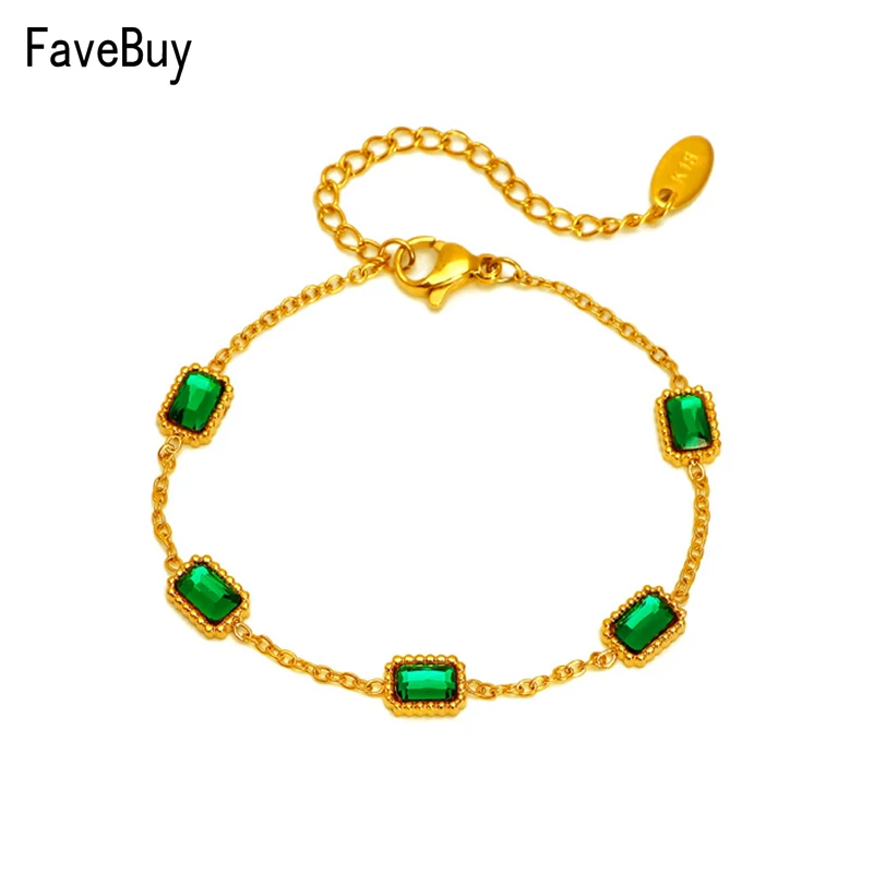 

Square Emerald Zircon Bracelet Gold With Green Stone Jewelry For Women Stainless Steel Charm Bracelets Adjustable Trendy Gift