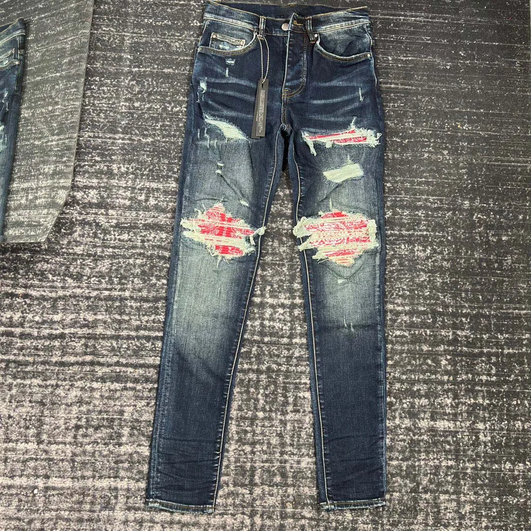 men red paisley patch distressed skinny jeans