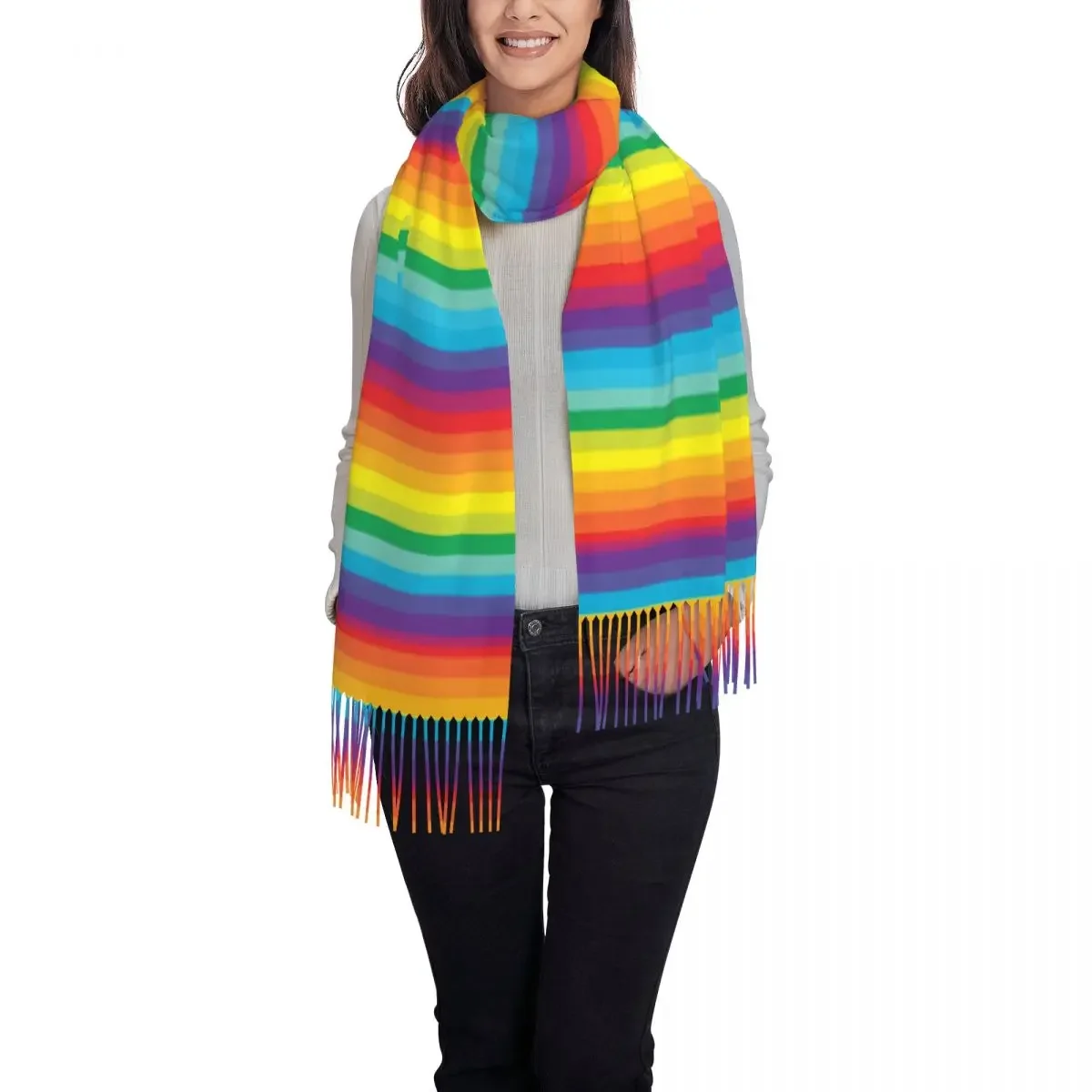 Шарф в радужную полоску теплые шали с красочным принтом и кисточкой женские