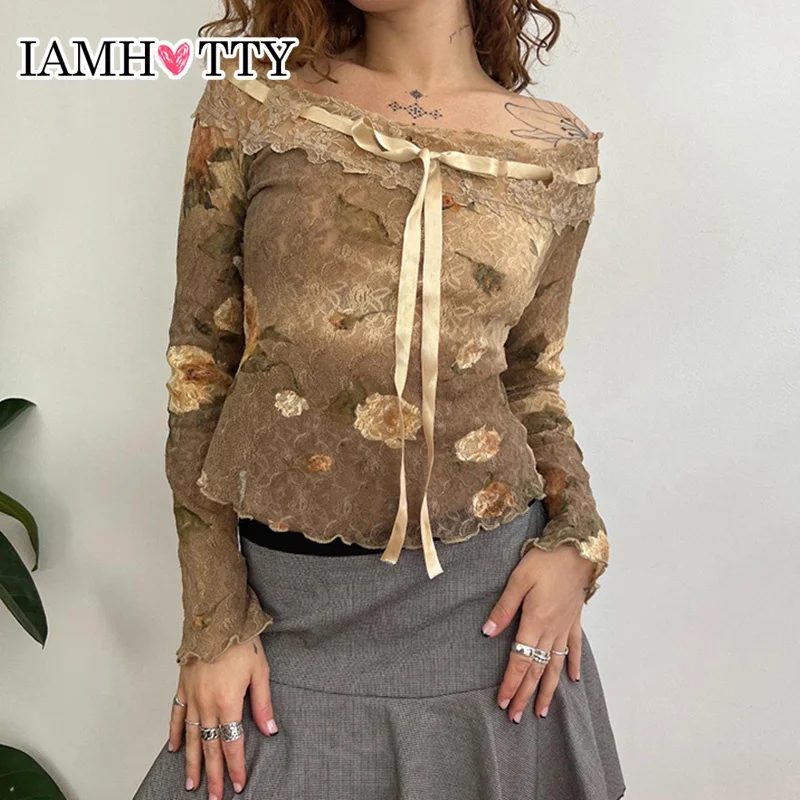 

IAMHOTTY Fairy Grunge Floral Print Lace Top Women Autumn Sexy Slash Neck Ribbons Lace-up T-shirts Sweet Boho Vintage Clothes