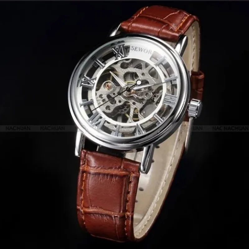 Фото Мужские механические часы SEWOR Fashion Casual, скелетонизированные, с ремешком из искусственной кожи, с ручным заводом, наручные часы для мужчин (Erkek Kol Saati) №3