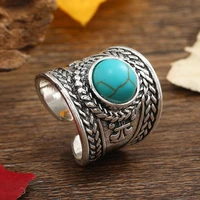 bohemia green turquoise ring women silver color geometric adjustable finger ring vintage hollow jewelry party gift 2022 new