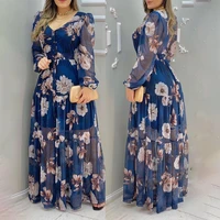2022 summer new femininity new dress women fashion v neck printing waist slimming mesh dresses