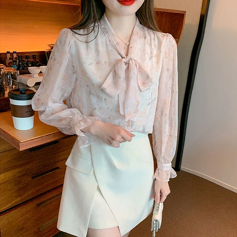 Модная женская блузка с длинным рукавом и бантом на воротнике Повседневная