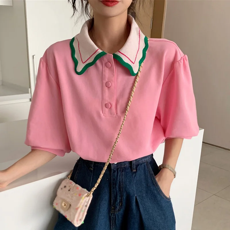 

Женская футболка в стиле преппи, розовая футболка с графическим рисунком, Женская милая одежда в стиле Харадзюку, летняя новая однотонная женская футболка с коротким рукавом, Топы s